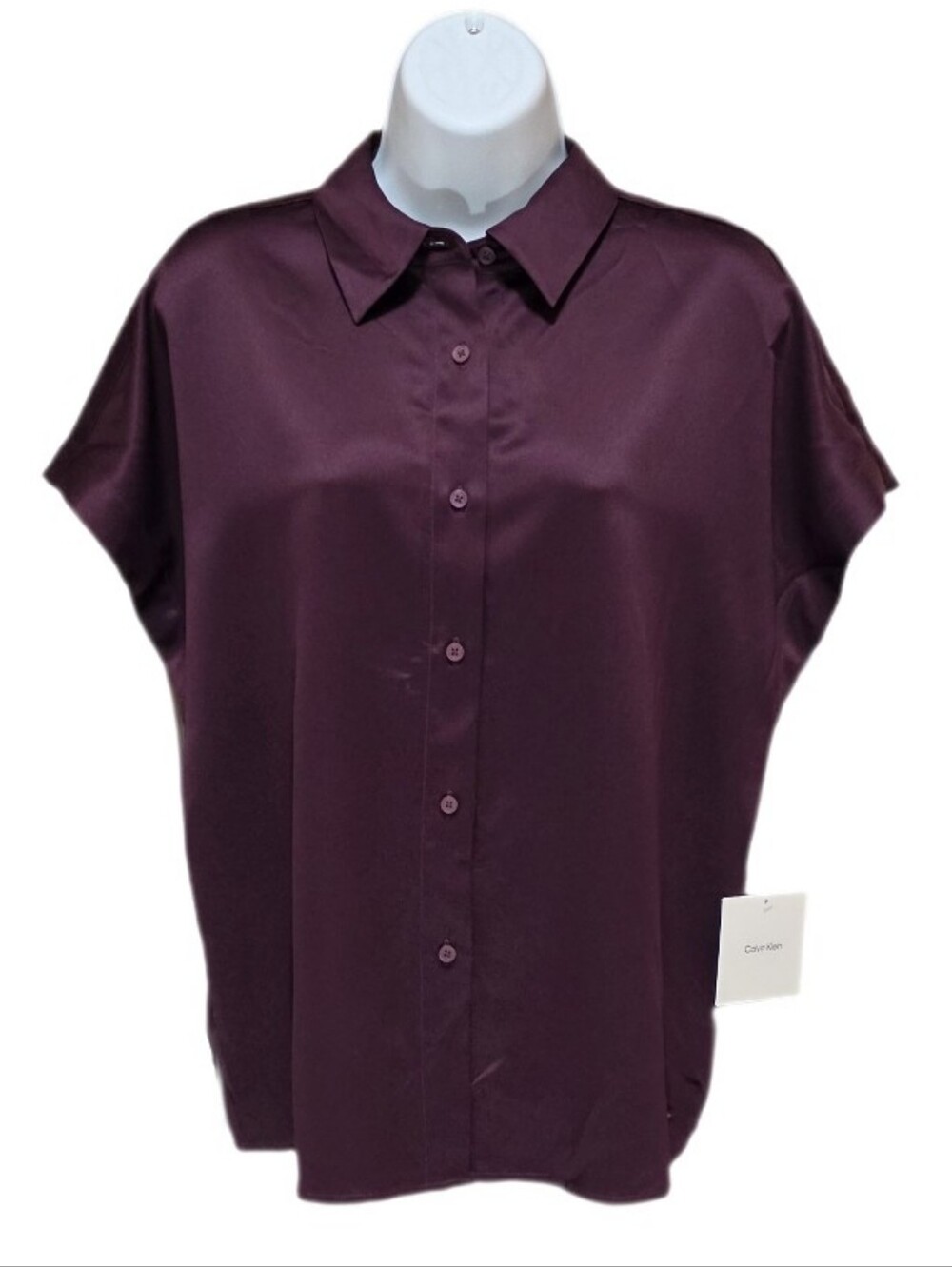 Calvin Klein Satin Short Sleeve Button Front Popover Blouse Top Passion Plum S